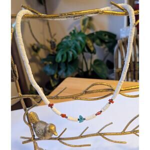 Turquoise Coral Puka Shell Necklace 19" Silvertone Beads Choker Surfer BeachBum